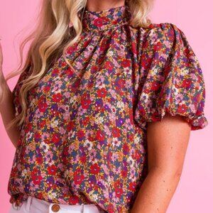 Floral High Neck with Tie Balloon Sleeve